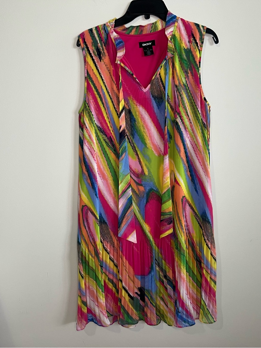 DKNY Multicolor Pleated Dress with Pink Accents
